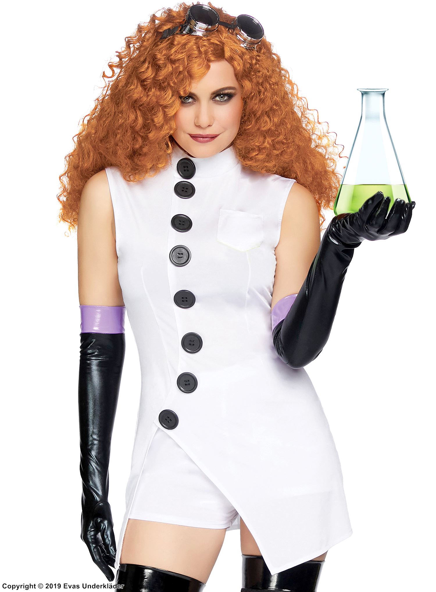 Female mad scientist, top and shorts costume, buttons, plain